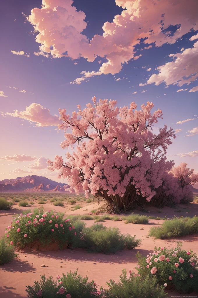 Summer, desert, pink clouds, a land overgrown with roses, James Gurney, art station rendering, ultra-wide lens, high definition