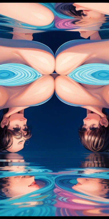 mutiple girls, optical illusion, reflections, ripples, frames