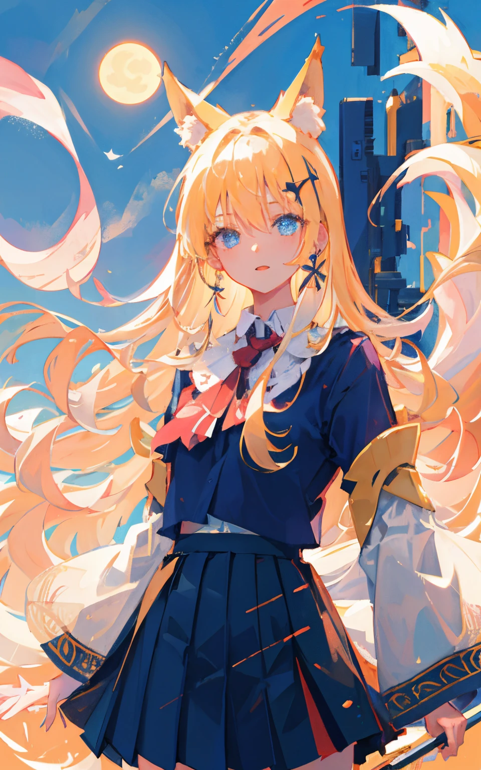 (masterpiece, best quality, extremely detailed CG, beautiful detailed eyes, ultra-detailed, intricate details:1.2), 8k wallpaper, elaborate features,(1girl, solo:1.4), looking at viewer, upper body, floating hair, full moon,outdoors, full body, remote, ((complex background:1.5)), animal_ears, fox_ears, thighhighs, tail, long_hair, fox_tail, wide_sleeves, skirt, blue_eyes