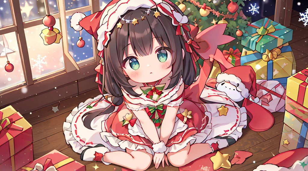 ​masterpiece, top-quality, 1girl in, The upper part of the body, sitting on, shorth hair, , A dark-haired,、Wearing a Santa Hat、Dress like a princess, colourfull、ruffles from above、Christmas atmosphere、Christmas tree、kirakira