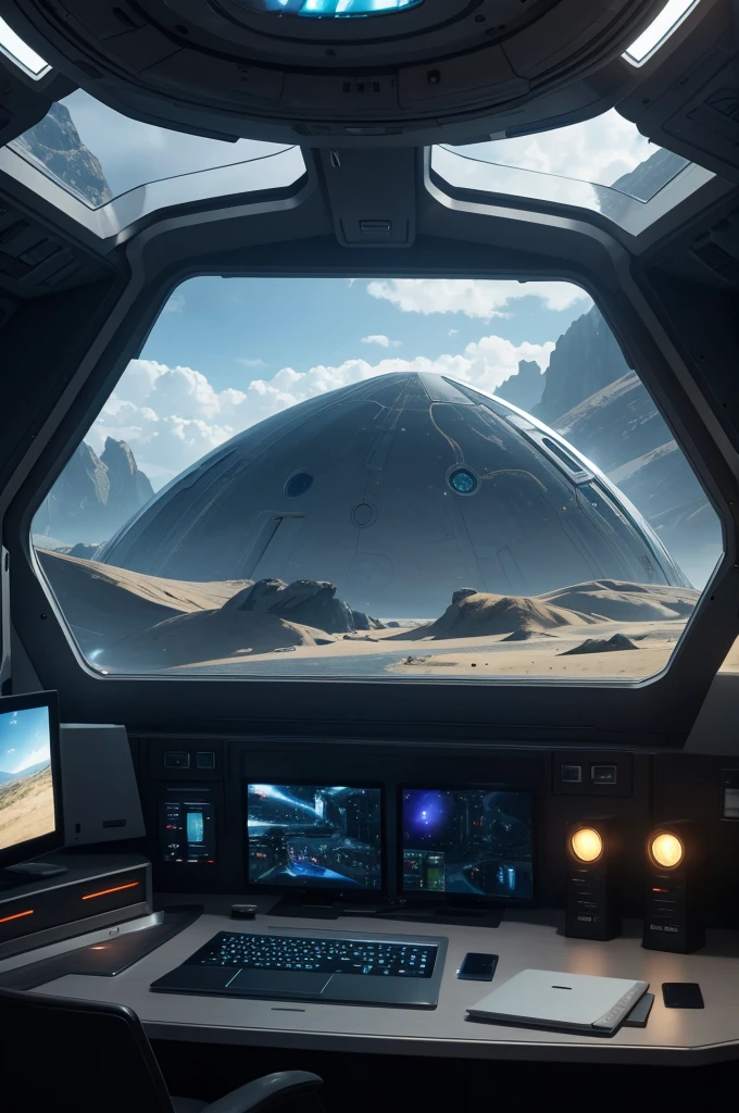 exterior of a spaceship. Through the windows you can see the landscape of an alien planet, the entire space is full of work consoles with electronic devices and screens, full-HD