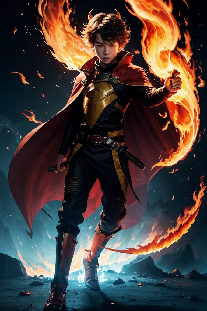 (1boy,solo),full body, gradient_background, ((burning,breathing fire, explosion,fiery tail)), torn clothes,cape,horns,holding_sword,