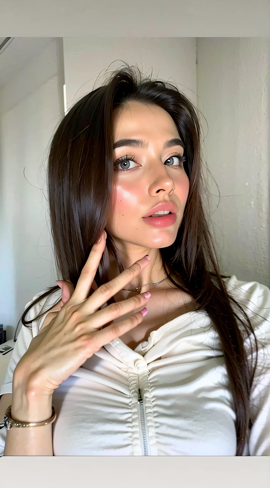 A woman with long brown hair and a white shirt posing for a photo, 18 years old, pale-skinned persian girl, Anna Nikolanova alias Newmilky, 1 6 years, Kailee Mandel, dilraba dilmurat, with pale skin, Cara perfecta ), 19 year old girl, Cara delicada y encantadora, Violeta Myers