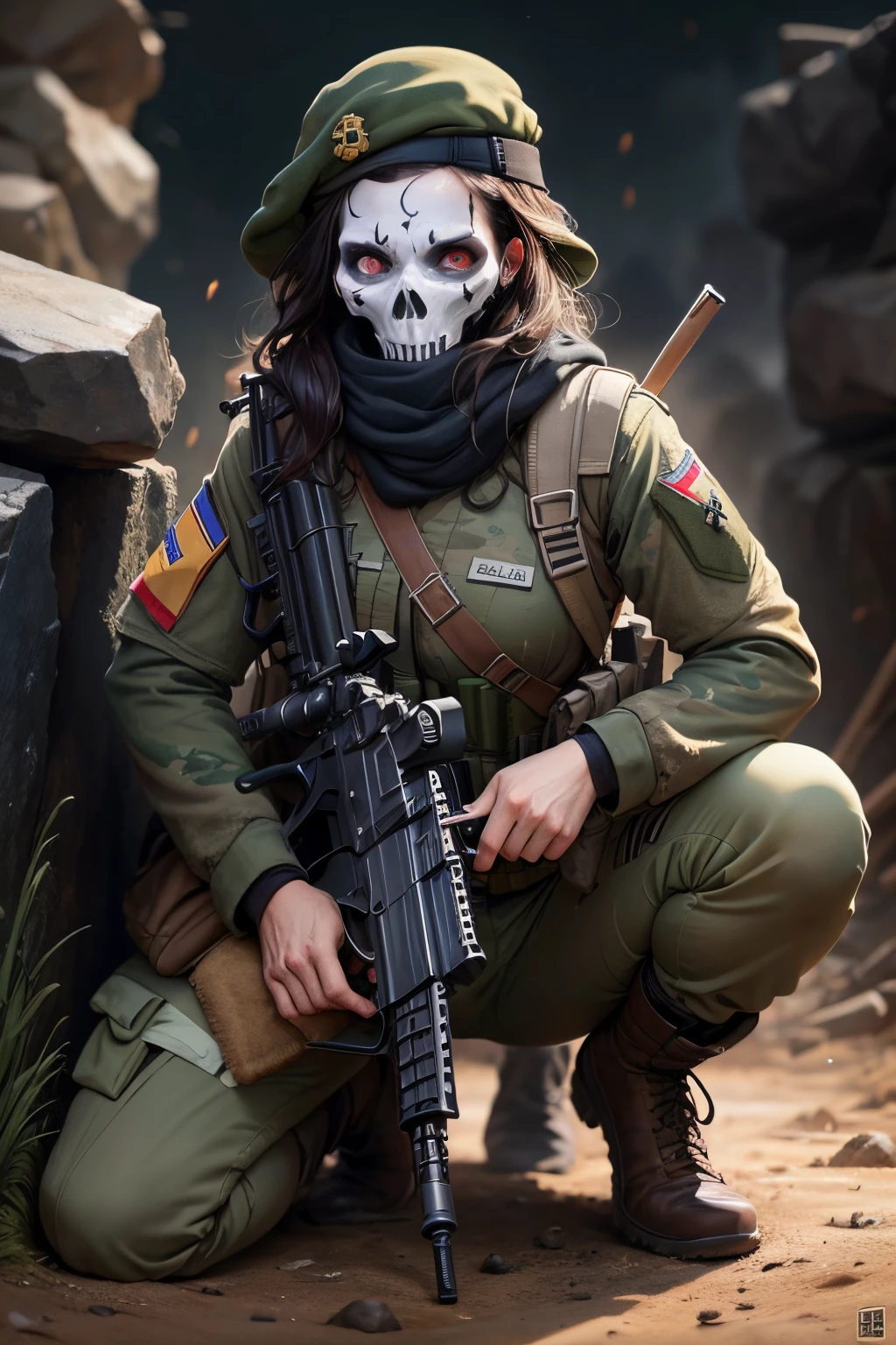 Caveira com uniforme de soldado apontando atirando com rifle