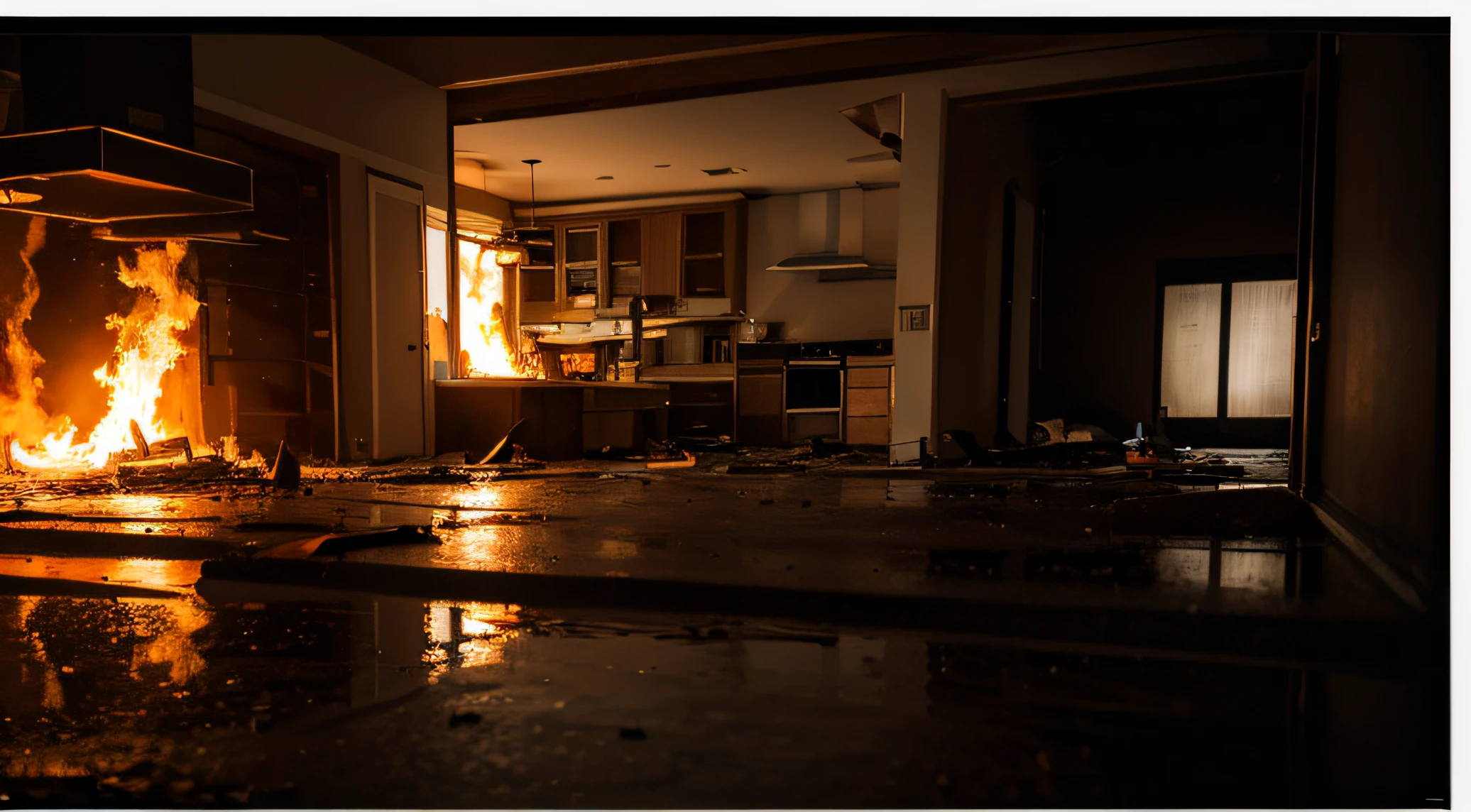 The kitchen on fire,Leakage,super wide shot,hyper HD,high high quality,Left and right composition,Depth-of-fie,composite poster