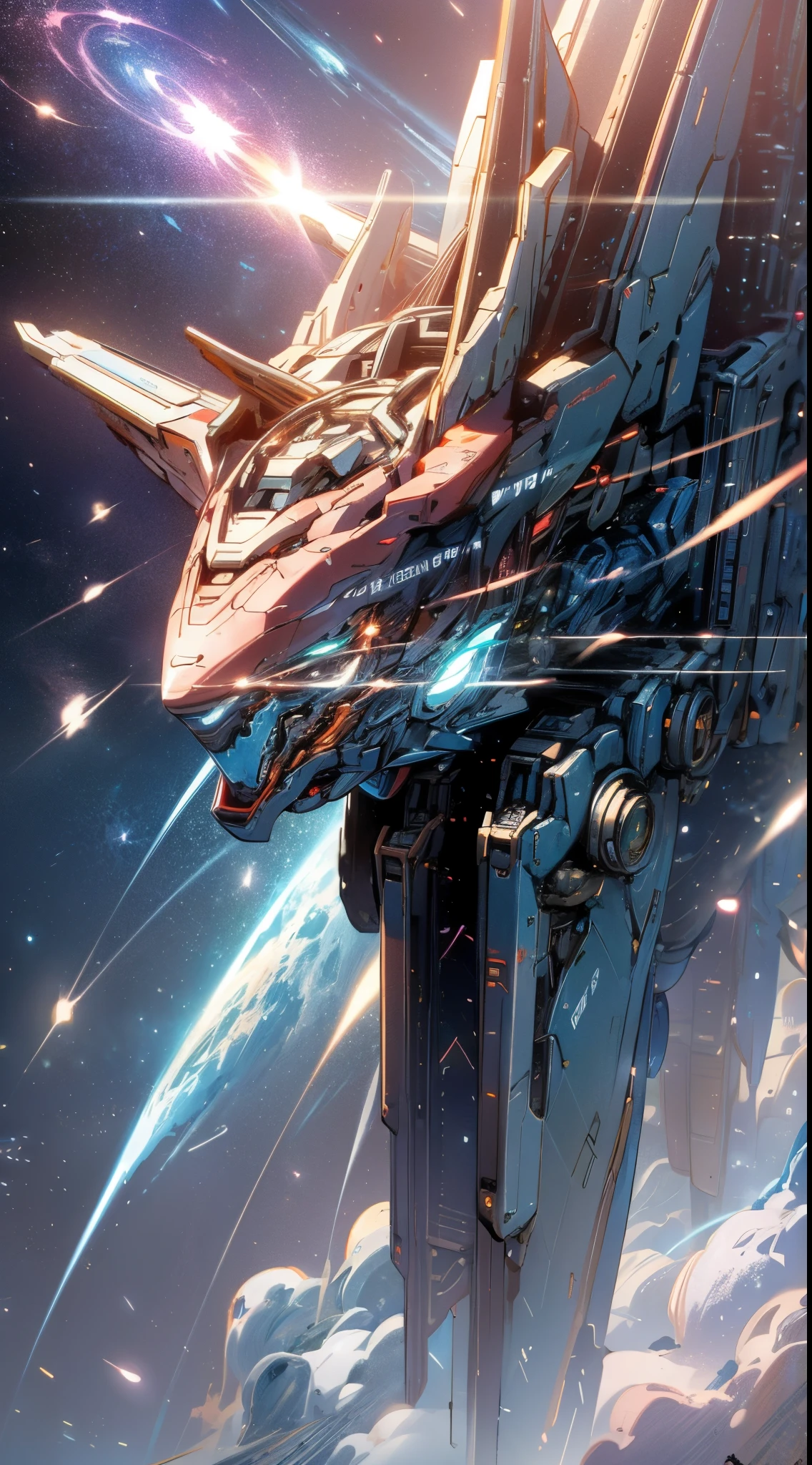 In space, huge planet, nebula, holding weapons, no humans, glowing, (female mech: 1.2), female robot, giant mechanical wings, mech winglying in space: 1.3), comet fragments , glowing eyes, red mecha, science fiction, space, reality, mecha, galaxy background, neon lights, cyberpunk, HD wallpaper, CG art