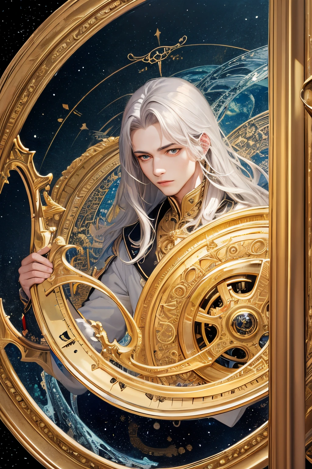 Realistic, (masterpiece, top-quality, bestquality, official art, beautiful and beautiful: 1.2), Very detailed, Fractal Art, colorfully, Most Detailed, (abstract background: 1.5), (1 Boy: 1.3), silver-haired, Vibrant Eyes, serious, Comb back., long-haired, Put on a suit., the Milky Way, large magic gold leo astrolabe, dream, fantasy, Gold Edge, beautifully detailed sky, (NSTDA.:0.8), Delicate refective and high glass fence board