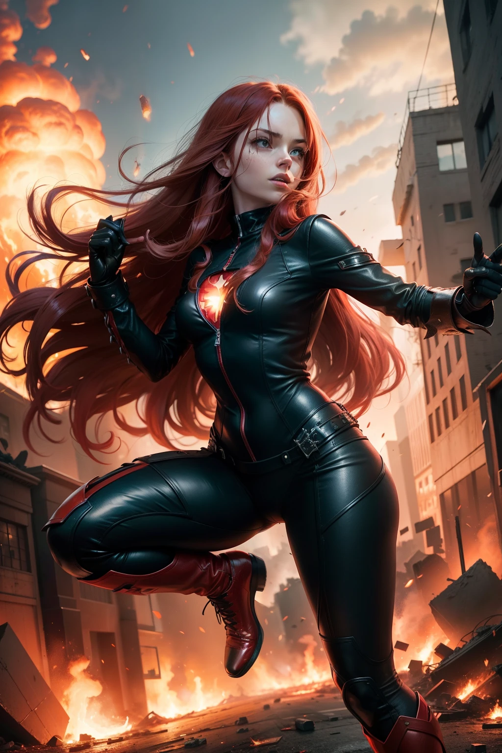 Girl, superhero, red long hair, leather black suit, full body, casting fireball with hands, middle of destroyed City, attacking
