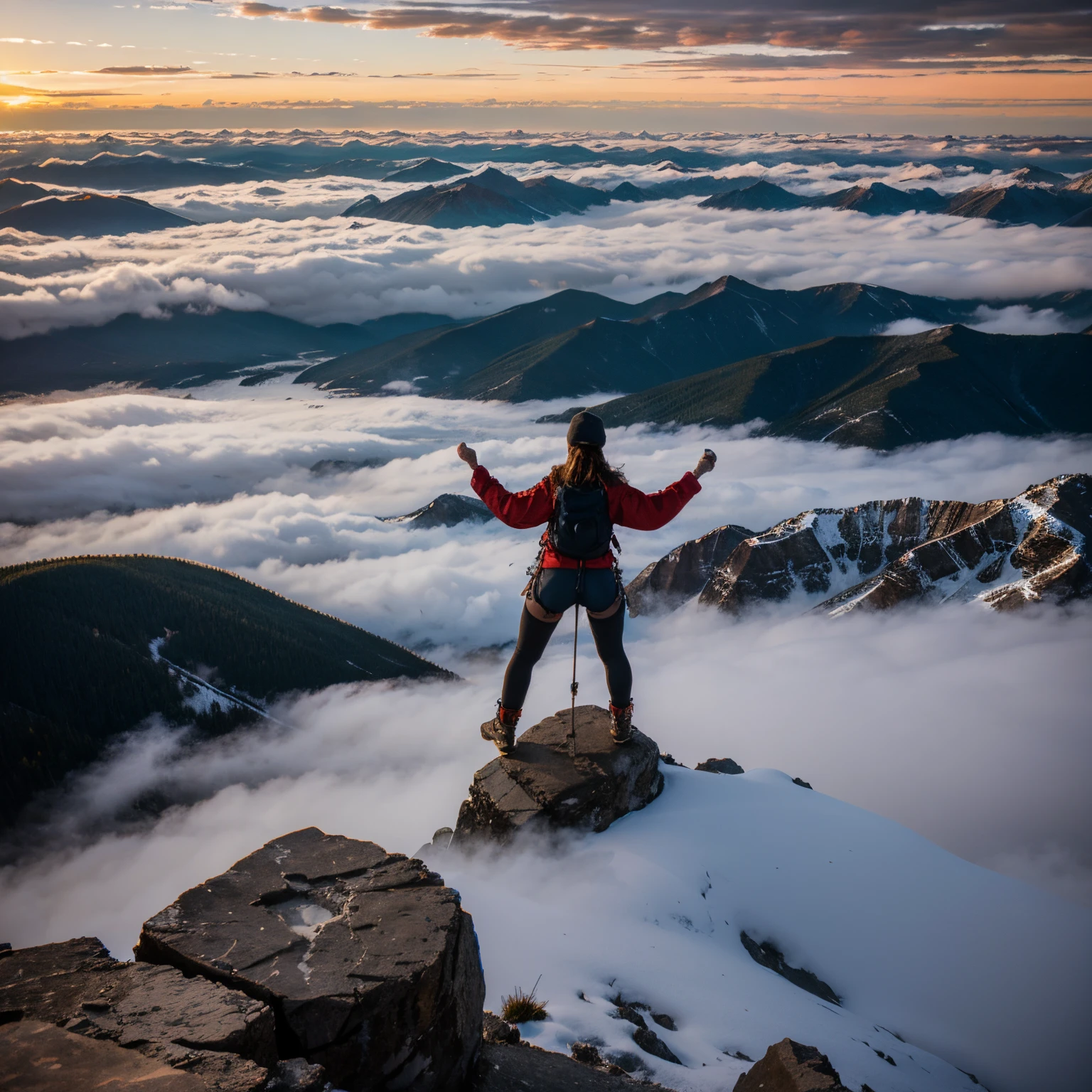 Adventurous girl Climbing rocky mountains above the clouds overlooking thensunrise