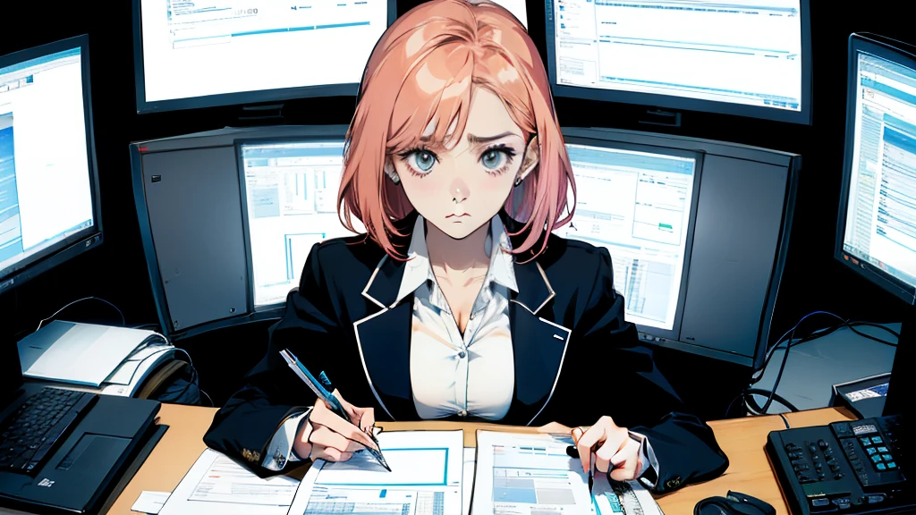 career woman surrenders、perplexed look、staring at the computer