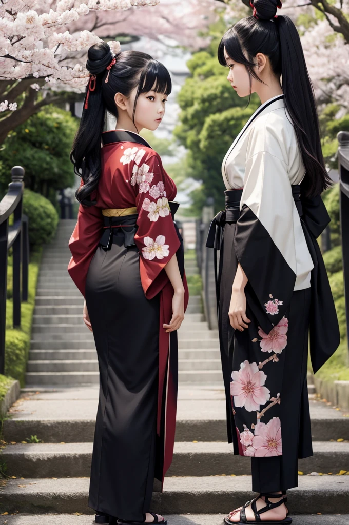 ((masterpiece,best quality)),2girls, black kimono, black legwear, black ribbon, black hair, cherry blossoms, day, flower, hair bun, hair ribbon, japanese clothes, kimono, long hair, looking at viewer, looking back , multiple girls, belts, outdoors, red eyes, red hair, ribbon, sandals, single bun, stairs, standing, statue, torii, tree, white kimono, yellow eyes