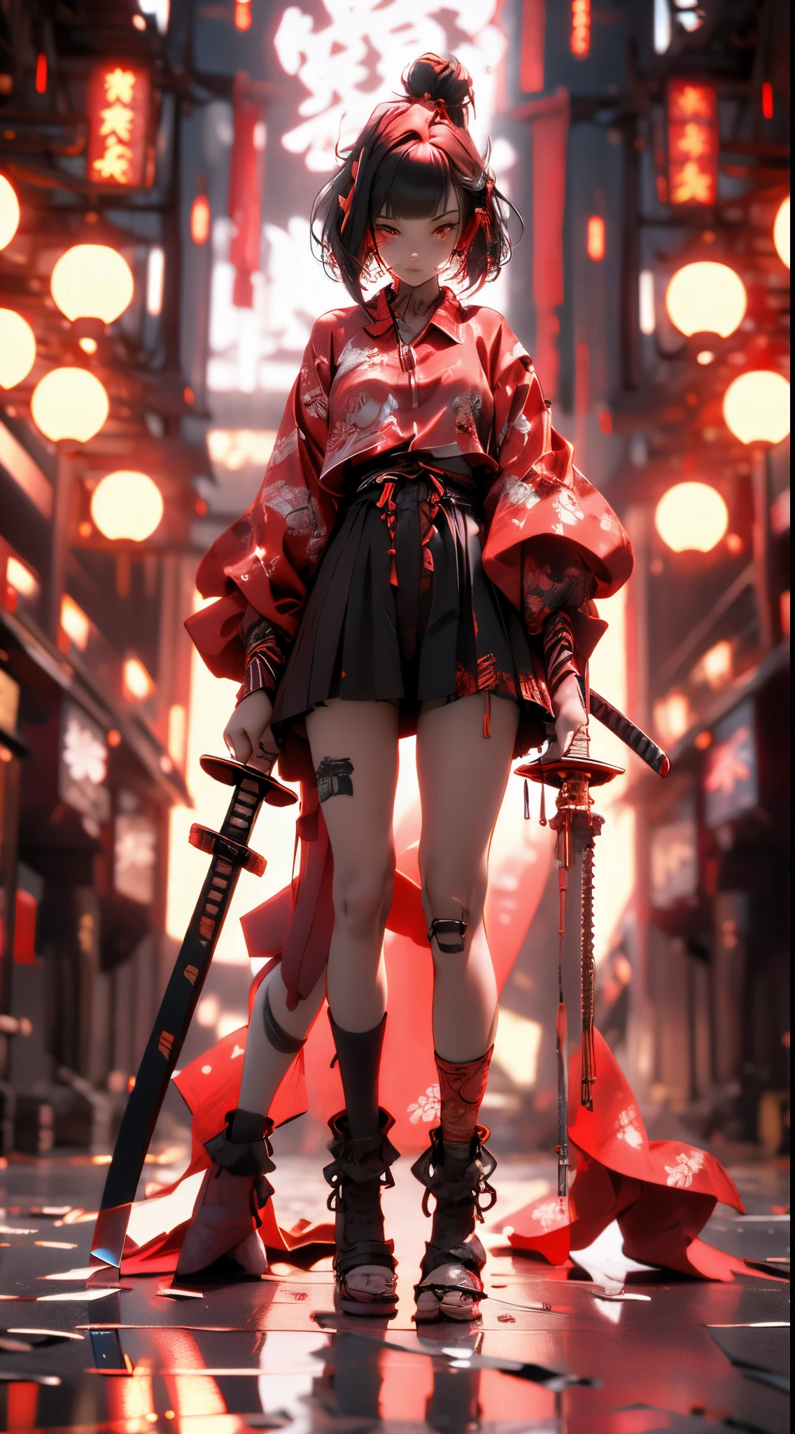 (tmasterpiece:1.2), Best quality at best,CG,3D, samurai girl,
1 Sister, red eyes, ear nipple ring, Alone, The color hair, jewely, looking at viewert, bblurry, Full body lesbian, through bangs, red hair clothes, jaket, squatt, vague background, collars, Short hair details, longer sleeves, rednails, shut up, red footwear, florals, Red top, Striped hair,katana swords