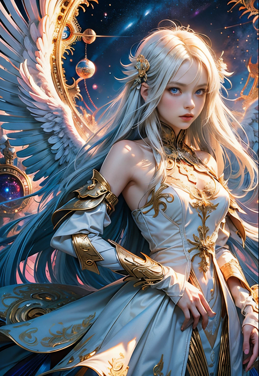 (masutepiece, of the highest quality, Best Quality, Official art, Beautiful and aesthetic:1.2), (1girl in), ighly detailed,(Fractal Art:1.3),Colorful,highest details, she has long white hair and blue eyes, white wings on her back, The universe in the background and the girl in the center of the photo, she is wearing a golden luxurious dress