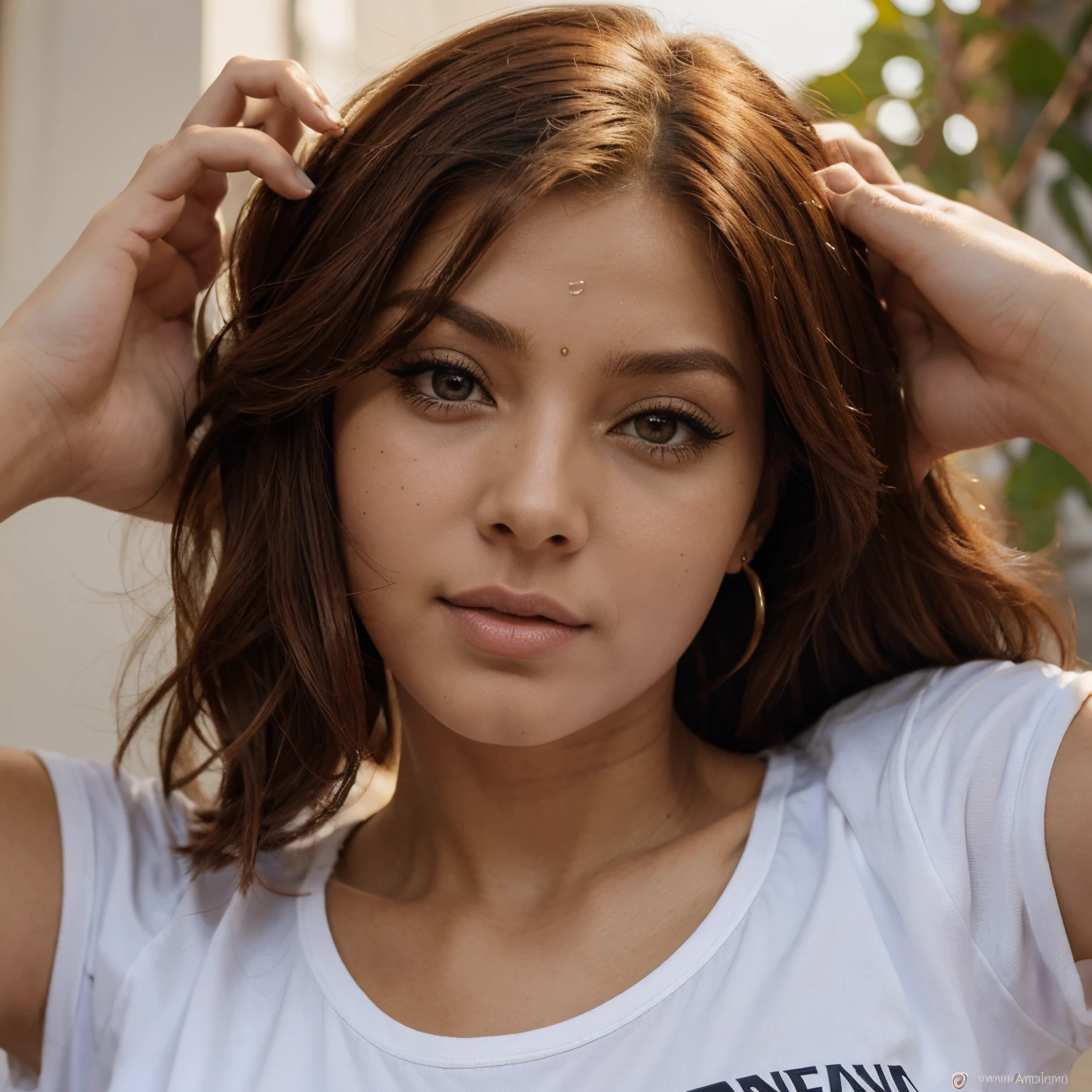 Personagem de cabelos vermelhos, pele parda,olhos castanhos,jovem de 18 anos bonita