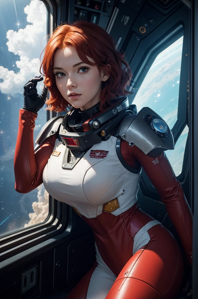 Absurd resolution, high resolution, (masterpiece: 1.4), hyper-detail, 1 young woman, short red hair, pilot suit, rich princess, sitting in an extremely narrow and closed mecha control room looking out the window, the window is the space universe can see the blue planet (1.5), the expression is excited, the mecha control room is in the universe