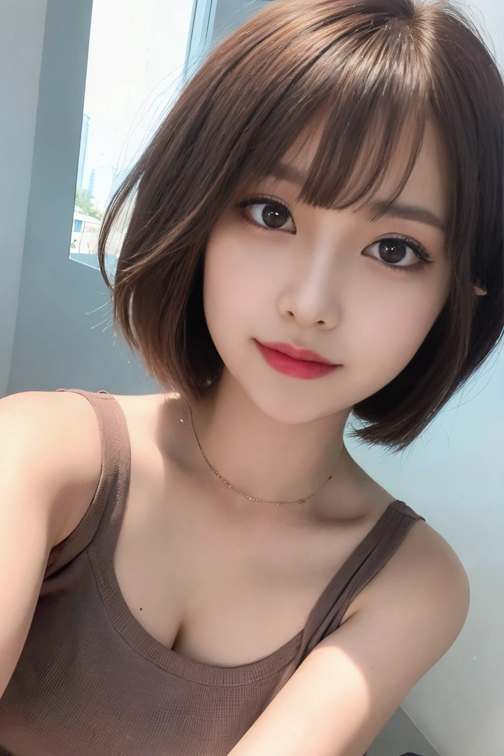 ((of the highest quality, 8K, masutepiece:1.3)), detailed woman:1.3, ( Brown Short Bob Cut Hair:1.4), (Natural bangs:1.2), Beautiful small breasts:1.2), Tight knit:1.1, ultra-detailliert, Detailed, Eye Cover
