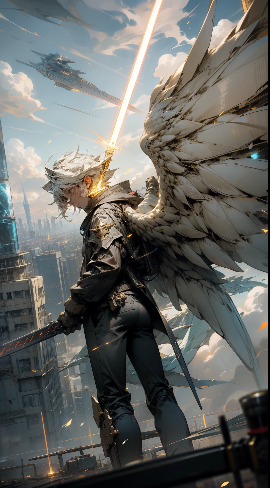 Skysky,clouds,(holdingweapon),with light glowing,,buliding,glowing light eyeechs,scientific fiction,city on fire,Realistiechechanical wings,(robot wings),Dragon-shaped robot,glowing weapon,lightsabers,War City,1boy,