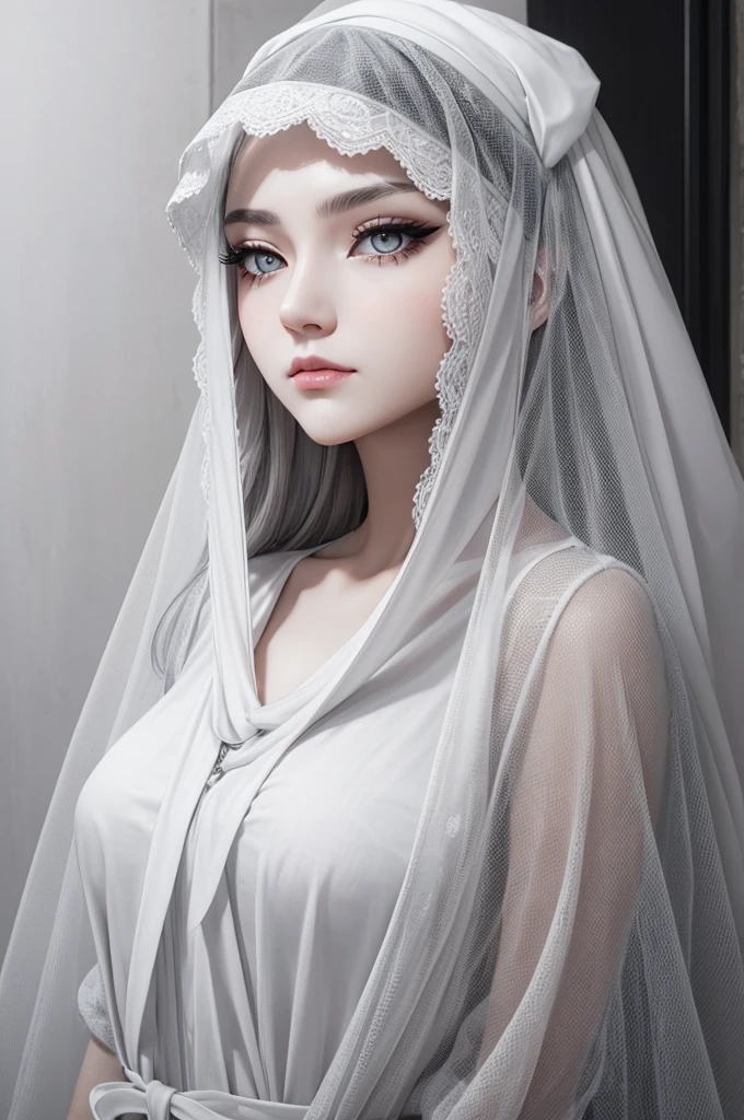 a veil on her head, Grey veil, White hair, Off-white, Guvez Art style, Arrogant and heartless girl, Half-squinted, White eyeballs, White eyes, National style, Off-white,huge tit,gigantic cleavage breasts