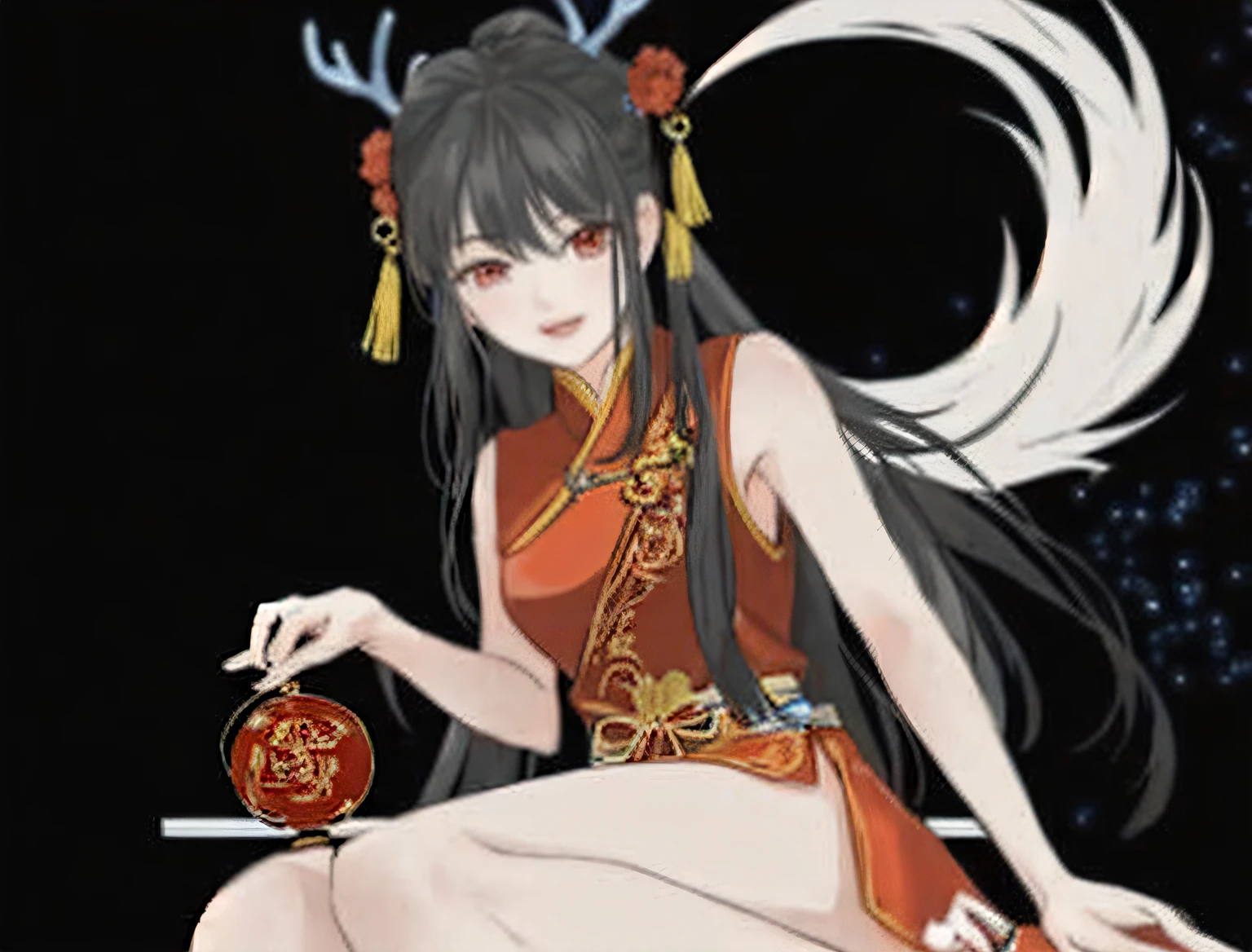 Anime girl in red clothes，There are antlers, Blue antlers，Inspired by Ma Yuanyu, inspired by Yao Tingmei, full body xianxia, Inspired by Li Meihu, Inspired by Tang Yifen, Inspired by Qiu Ying, inspired by Zou Yigui, Inspired by PwC, Inspired by Huang Ji, Inspired by Chen Lu，sit down action