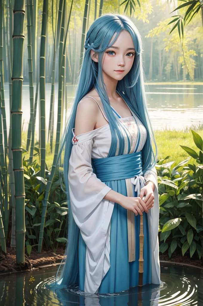 Masterpiece, Best Quality, Official Art, 8k Wallpaper, Very Detailed, Illustration, 1 Girl, Sky Blue Hair, Long Hair, Detailed Eyes, Forrest Gump, Bare Shoulders, Hanfu, Lake, Pure, Soft Smile, bamboo, tea