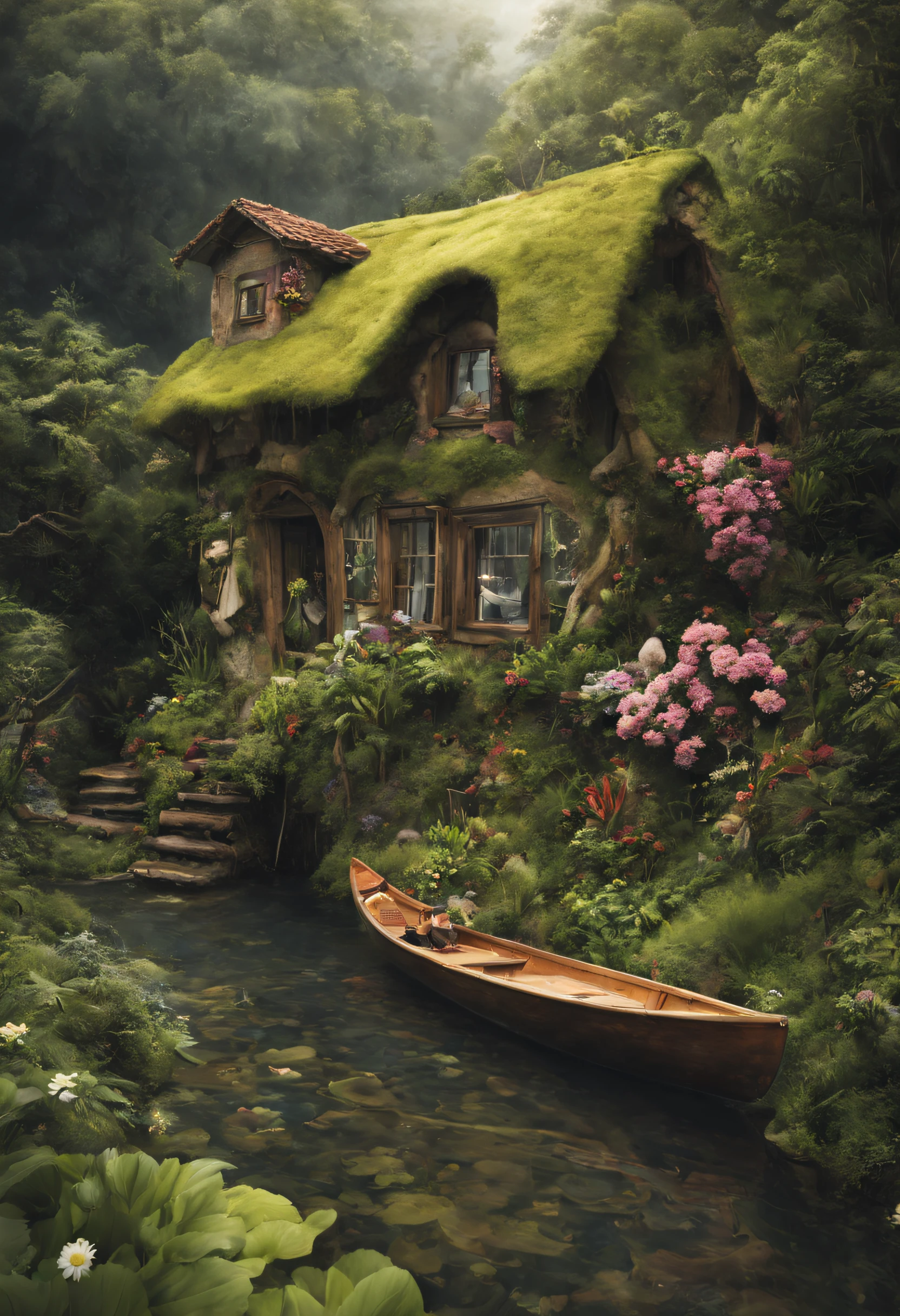 （best qualityer），（tmasterpiece），（ultra - detailed），（high detal），（extremely detaile），(Fairy Village:1,5), The peach forest  full of flowers，A rustic and understated forest village hideaway and amusement park，mistic，Hidden deep in the peach forest，Hidden in the mountains，Hide the magic of the peach tree，Hide the magic of the moon