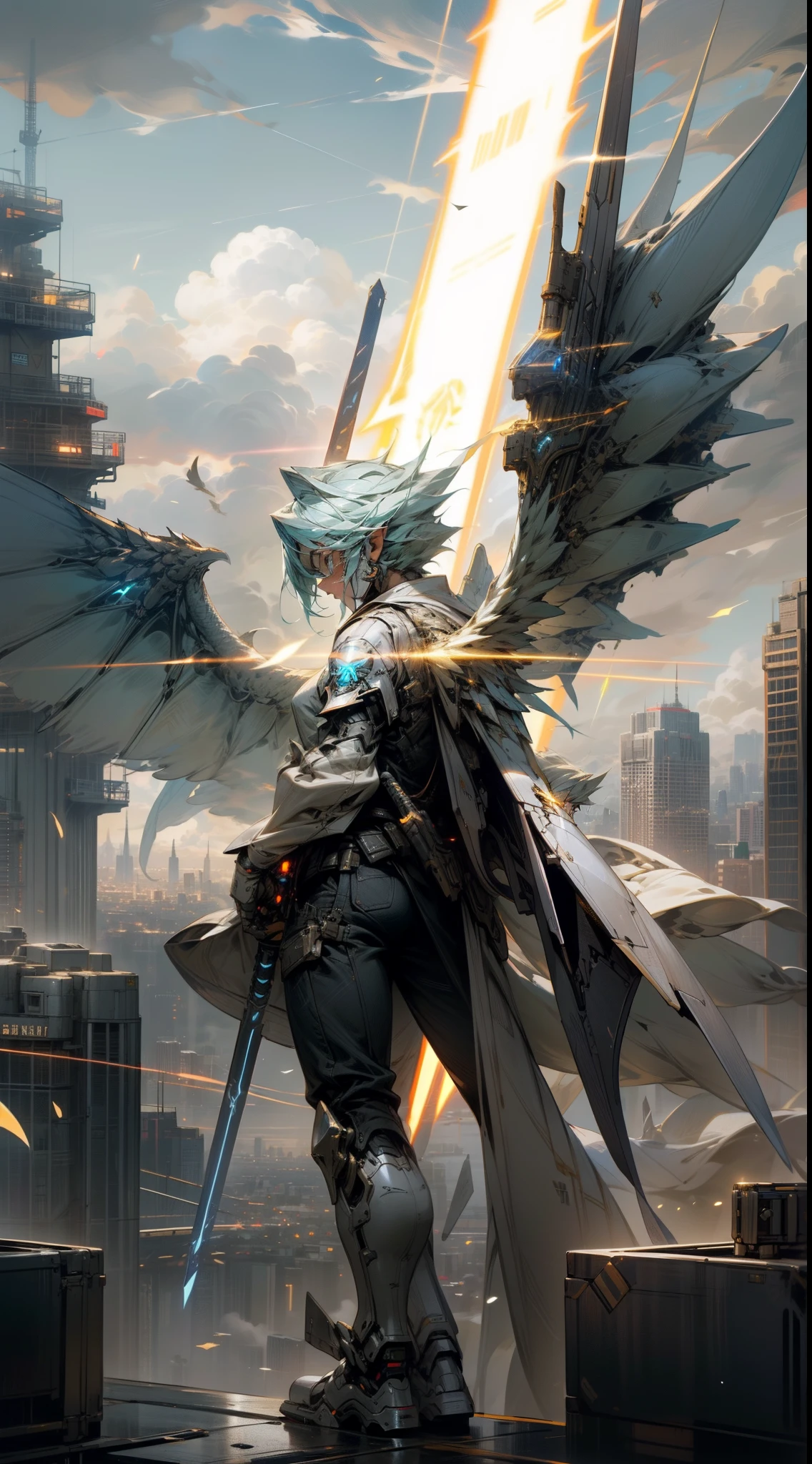 Skysky，​​clouds，（holdingweapon），with light glowing，，buliding，glowing light eyeechs，scientific fiction，city on fire，Realistiechechanical wings，（robot wings），Dragon-shaped robot，glowing weapon，lightsabers，War City，1boy，