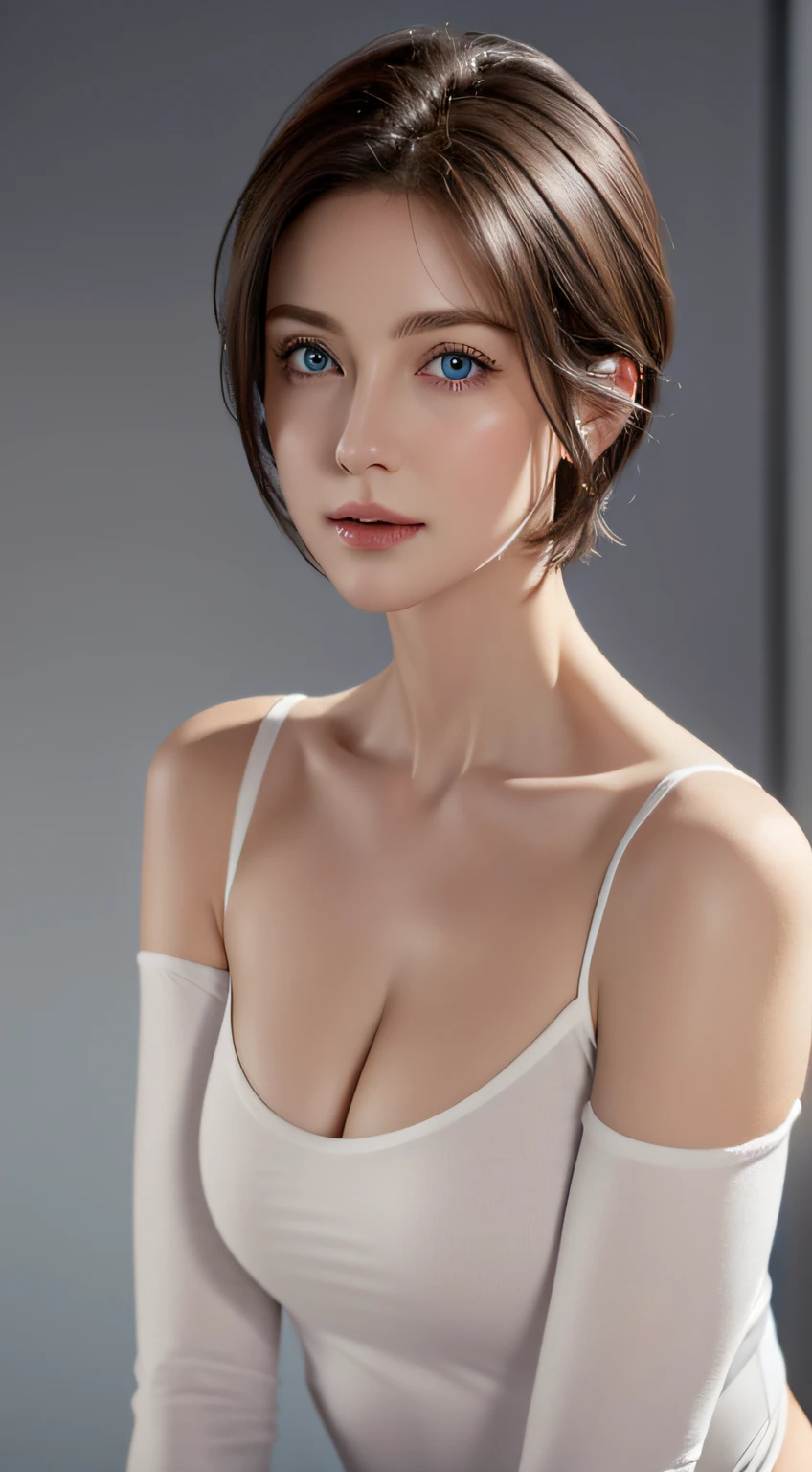 Skin Tight White Top:1.2, Looking at Viewer, Cinematic lighting, Perfect, softlight, High resolution skin:1.2, Realistic skin texture, 30 years old mature woman、a small face、no-makeup、, off shoulders,Bust B Cup、 Exposed cleavage, Blue eyes, Short hair, dark brown hair、Gray background、