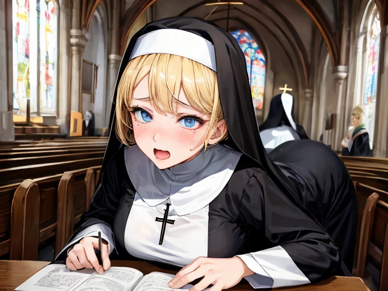 (1 men),(nsfw),1 girl,ahegao,(nsfw anal sex),(((anal intercouse))),(hetero),(men penis in anal),looking at viewer,beautiful detailed eyes,open legs,from behind,curvy,nun,(black simple catholic robe),(gaping anal),gaping anus,(sweat),(breath),short hair,bob cat,blonde hair,light blue eyes,embarrassed,church desk