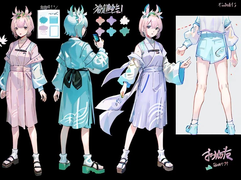 Detailed Genshin graphics，anime character design，anime concept art，pretty anime character design，anime character reference sheet，[Character design]，1girl in, ((Character information)、(Chara Leaf)、pastel dimmed colors, Type sheet, Character Sheets, Three types，Shot Full Body，Game Character Design,