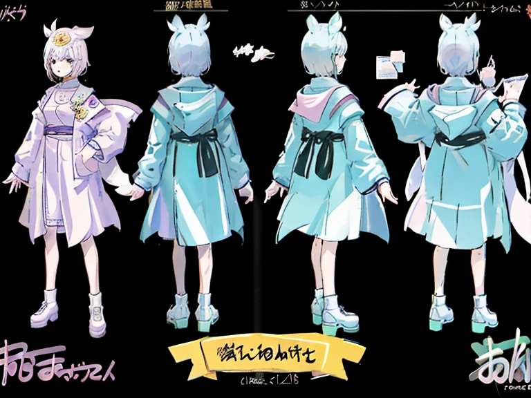 Detailed Genshin graphics，anime character design，anime concept art，pretty anime character design，anime character reference sheet，[Character design]，1girl in, ((Character information)、(Chara Leaf)、pastel dimmed colors, Type sheet, Character Sheets, Three types，Shot Full Body，Game Character Design,