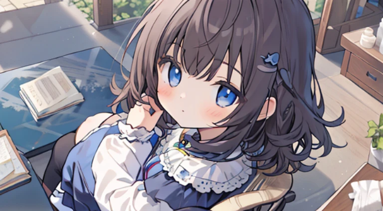 ​masterpiece, top-quality, 1girl in, The upper part of the body, sitting on, shorth hair, , A dark-haired, 、Ultramarine clothing, ruffles from above