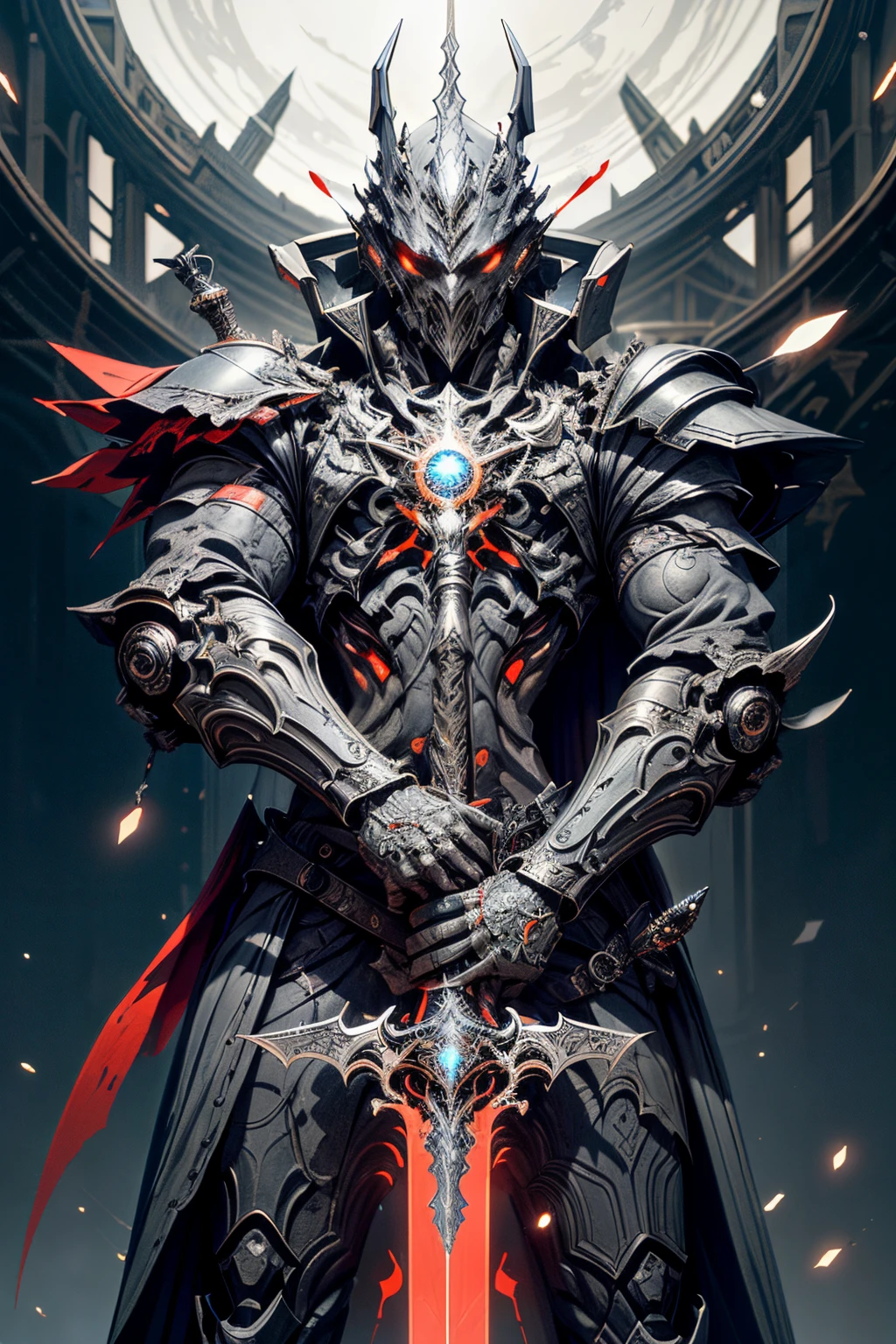 "Original photo with dark fantasy and cyberpunk vibe, Features a powerful fusion of a large revolver and a sword wielded by the Red,With 1.1x accent, Create sharp contrasts. The composition represents a mechanical marvel with the presence of robots, Evoke the essence of the guardians of cybernetics."