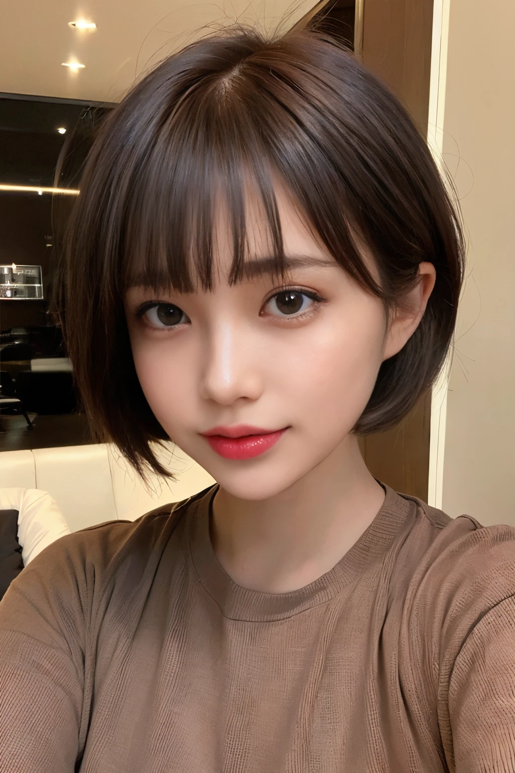 ((of the highest quality, 8K, masutepiece:1.3)), detailed woman:1.3, ( Brown Short Bob Cut Hair:1.4), (Natural bangs:1.2), Beautiful small breasts:1.2), Tight knit:1.1, ultra-detailliert, Detailed, Eye Cover