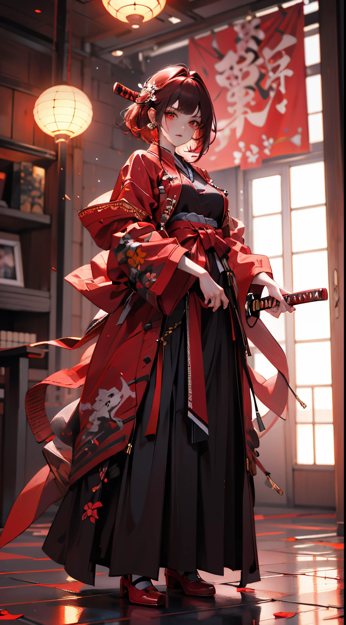 (tmasterpiece:1.2), Best quality,CG,3D, samurai girl,
1 Sister, red eyes, ear nipple ring, Alone, Hair color, jewely, looking at viewert, bblurry, Full body lesbian, through bangs, red hair clothes, jaket, squatt, vague background, collars, Short hair details, longer sleeves, rednails, shut up, red footwear, blossom flower, Red top, Striped hair,Samurai sword