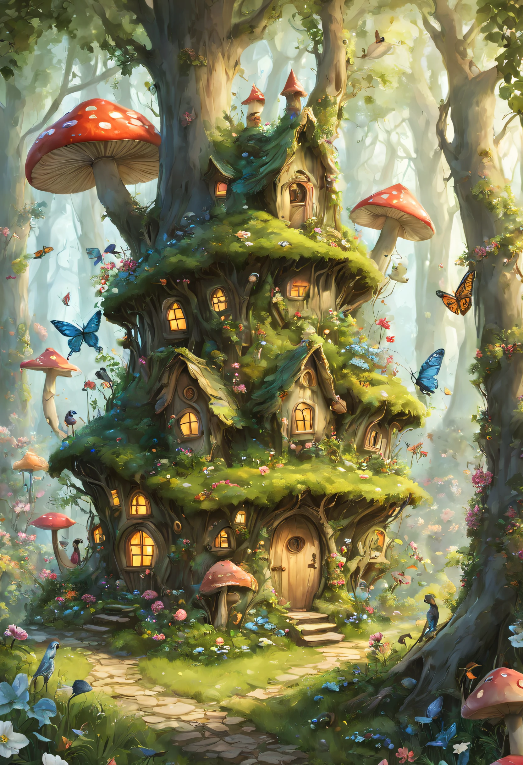 Magical scene of fairy forest. including fairness, forest creatures, blossoms, willowy, butterflys, birds, and mushroom house