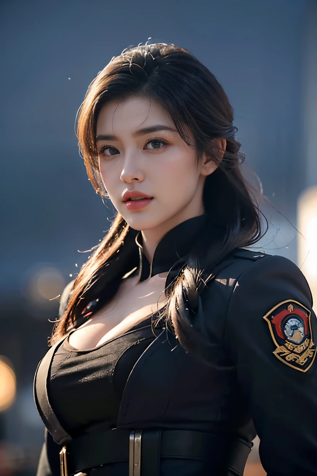 tmasterpiece，Best quality，A high resolution，8K，(Portrait)，((Head close-up：1.5))，(Original photo)，real photograph，digital photography，(Modern style heavily armed female special forceemale Special Forces)，20岁女孩，Random hairstyles，Red eyelack hair)，Serious and obsessed，Cleavage， accessories，Hats，Redlip，Keep your mouth shut，scowling，elegant and charming，Serious and arrogant，Calm and handsome，(Modern style combat clothing for armed soldiers)，Combat uniformadges，Photo pose，Realisticstyle，Light magic，City background at night，oc render reflection texture