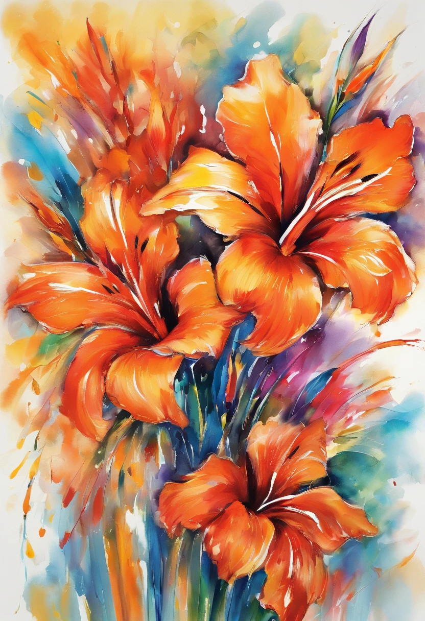 Draw an abstract painting of a single flower.,bright orange gladiolus flowers、use acrylic paint、Abstract artist known for his unique use of acrylic pouring, real brush strokes,aesthetic composition,Minimal style, powerful and bold strokes、exploratory shapes、The bright orange gladiolus symbolizes lively and exploratory energy.、express curiosity、The main colors of the work are bright and dynamic tones.、Add moist compacted sand、Enhances the texture and tactile elements of your artwork, While staring at this image, oot、Interaction of color and texture、Immerse yourself in a curious feeling、full of curiosity