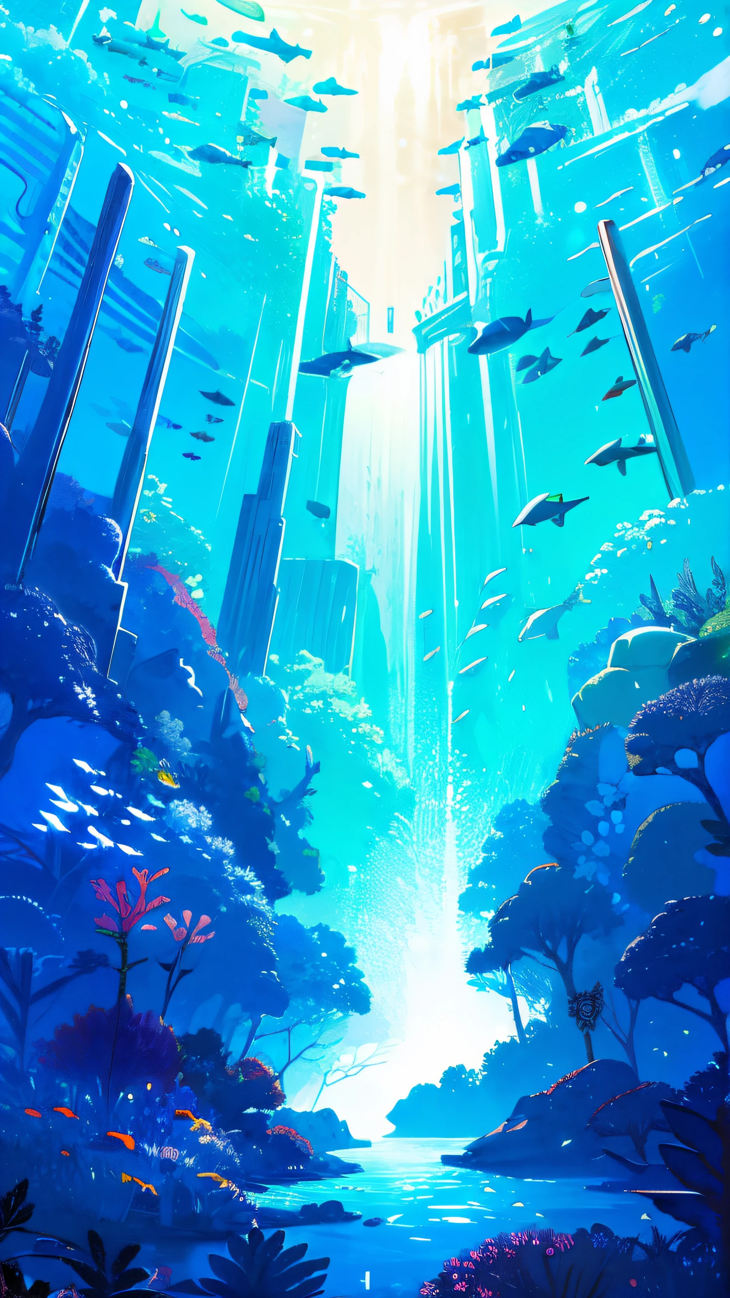 Children's drawing, Stunningly detailed, cute design, ocean floor, Blue main color and exquisite details, The corals, filled with fauna, Eau, many color, a fairy world, 2d, colorfield painting, Japanese cartoon, artistic décor, high detal, concept-art, tmasterpiece