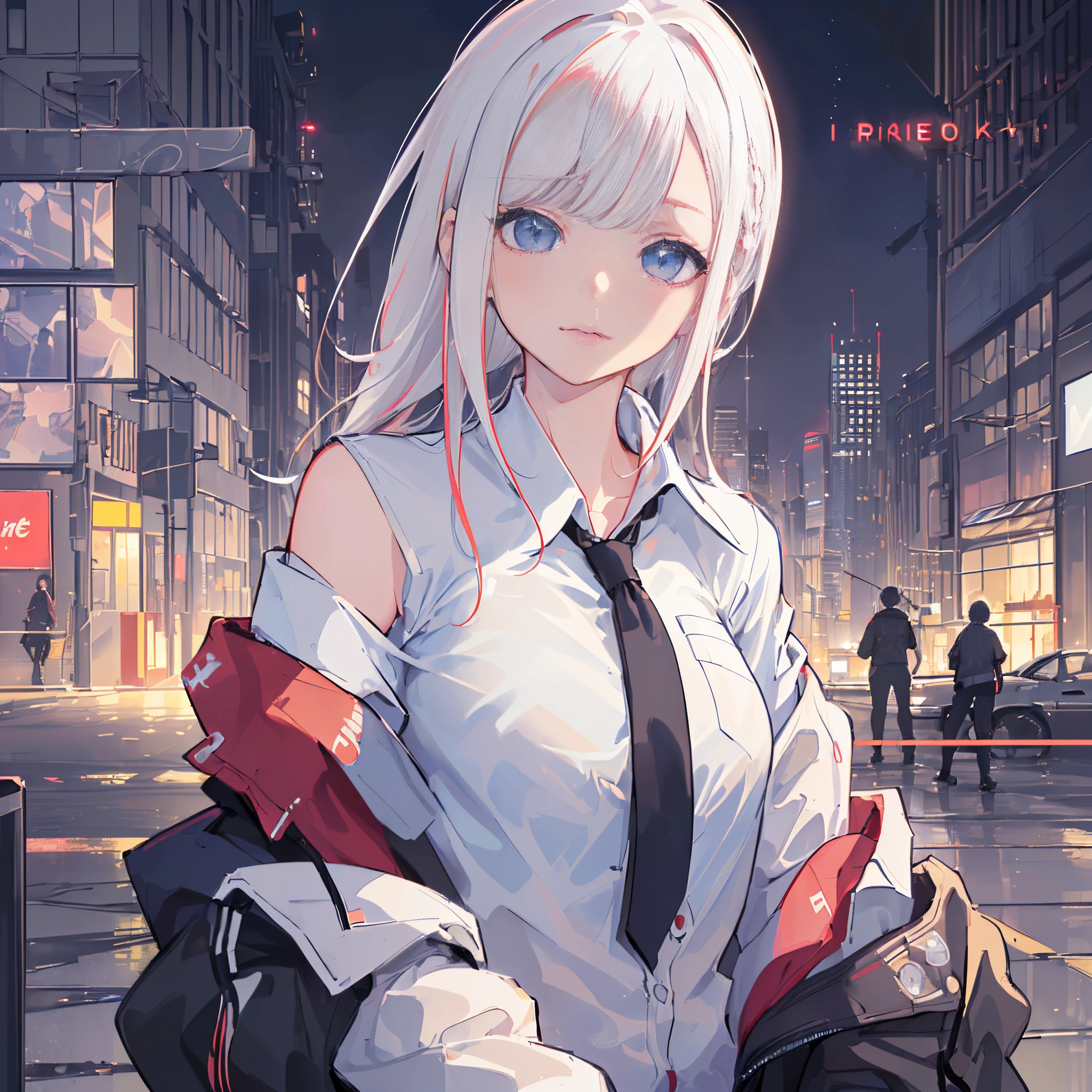 1girl in, Solo, Lori, Petite,(Night_skyporn), Braids, (Red_Idium_breasts, (blanche_Shirt:1.5), (windbreaker), (Off_Shoulder:1.2), (Portrait), blazing_Eyes, Background_light, (Cityscape:1.5), (neons_A light:1.2), (scienc), Cyberpunk, ((masutepiece)), (supreme_quality), (highly_Detailed), (Original),(Delicate background),(Very detailed 8k wallpaper),Cinematic lighting, Volume Lighting, light Particle, Shaded_Face, Beautiful_Detailed_Eyes, Depth_in the_field, Perspective,Beautiful eyes,Beautiful eyelashes,Cute lips