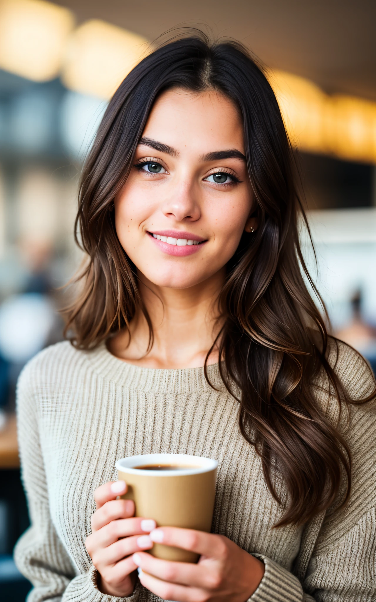 beautiful brunette wearing beige sweater (holding a cup of coffee inside a modern café at sunset), very detailed, 21 years old, innocent face, natural wavy hair, blue eyes, high resolution, masterpiece, best quality, intricate details, highly detailed, sharp focus, detailed skin, realistic skin texture, texture, detailed eyes, professional, 4k, charming smile, filmed in Canon, 85mm, shallow depth of field, kodak vision color, perfect fit body, extremely detailed, foto_\(ultra\), photorealistic, realistic, post-processing, maximum detail, roughness, real life, ultra realistic, photorealism, photography, 8k uhd, photography