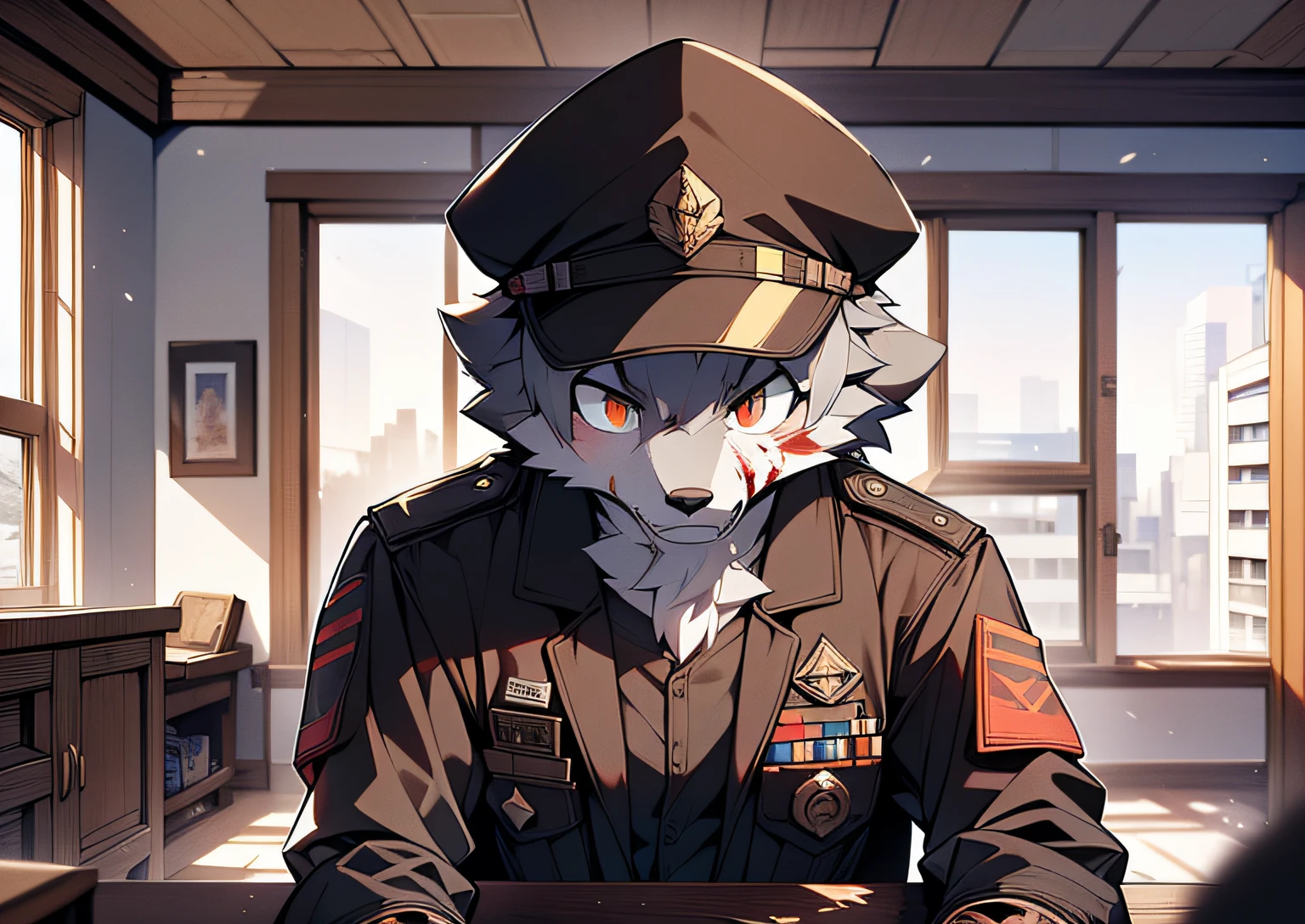 The expression  fierce，Not in the mood，Wolf ears，Serious，Tall guy，Wolf Clan，solidcolor，Dark gray hair，Bleeding，Golden pupils，commander，Officer's cap，fires，((clothes stained with blood，army suit)) ，((Inside the building，the only person))， ((the detail))，((depth of fields))