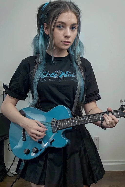 ((masterpiece, best quality))1girl, solo, black dress, blue eyes, electric guitar, guitar, headphones, double ponytail, holding, holding plectrum, instrument, long hair, music, one side up, teal hair, twin tails, playing guiter, pleated skirt, black shirt, interior, cum on face, cum facial, bukkake