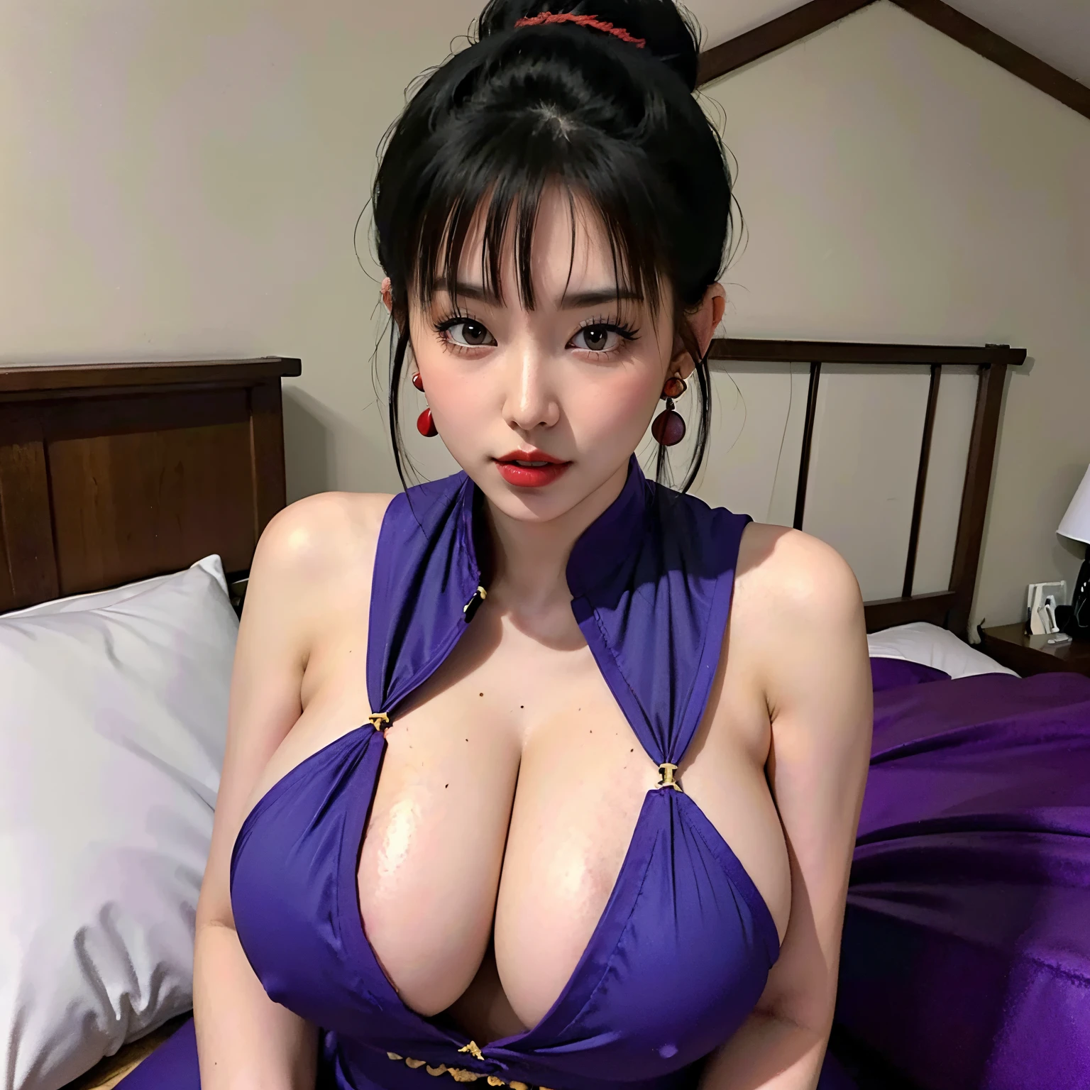 (masterpiece:1.1, Best Quality:1.1, 16K HDR, High resolution), (1girl in, 1 old man in), (Ultra-realistic Chi-Chi portrait), (Black hair, updo hair, Dango Hair, Hair Band, orange scarf on neck:1.1), (realistic purple cheongsam, purple fighter dress, exposed sexy panty), earrings, gigantic cleavage, Colossal tits, Huge boobs, huge-breasted, (messy bed, Abandoned hut, abandoned barn, ocean view, Perfect slim body:1.1), hyper detailed face, Detailed eyes, Realistic skin texture, (((grandfather is sick and sleeping on the bed, she is beside of him))),