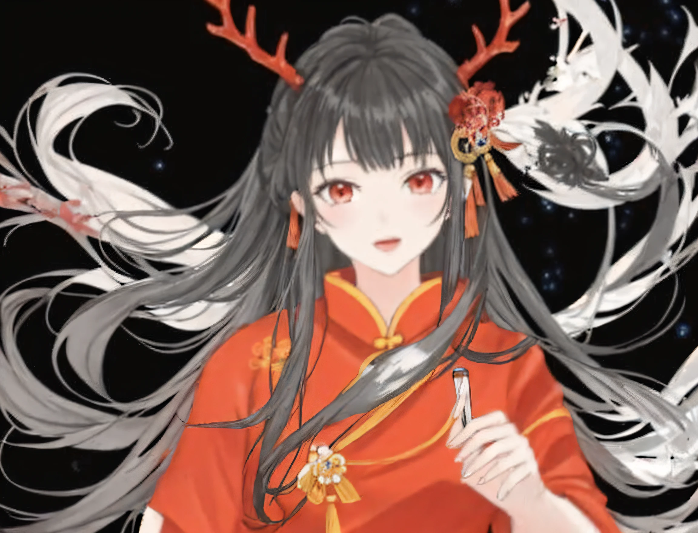 anime girl in red dress,There are antlers, Blue antlers,Inspired by Ma Yuanyu, inspired by Yao Tingmei, full body xianxia, Inspired by Li Meihu, Inspired by Tang Yifen, Inspired by Qiu Ying, inspired by Zou Yigui, Inspired by PwC, Inspired by Huang Ji, Inspired by Chen Lu,sit down action