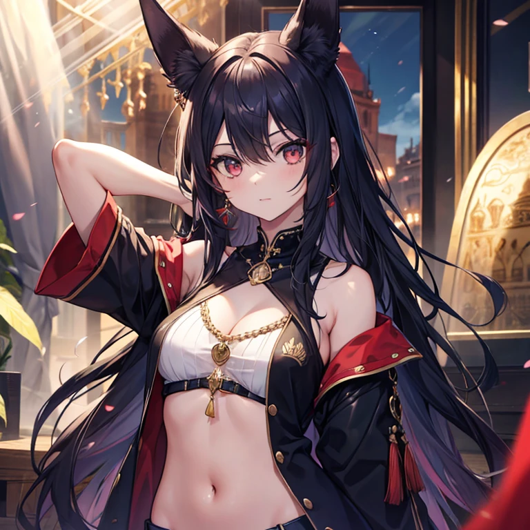 girl aged 24 years, poca ropa, ropajes con detalles de oro, egipcia, orejas de anubis, ojos rojos, mirando al espectador, con los brazos elevados, piel morena, cola de zorro, alta defincion en el detalle, cabello muy largo, cabello colpe rojo, fondo desertico, incada, cuerpo completo, ojos rasgados, sexy, semi vestida, tatuajes dorados, arete en el ombligo, anubis