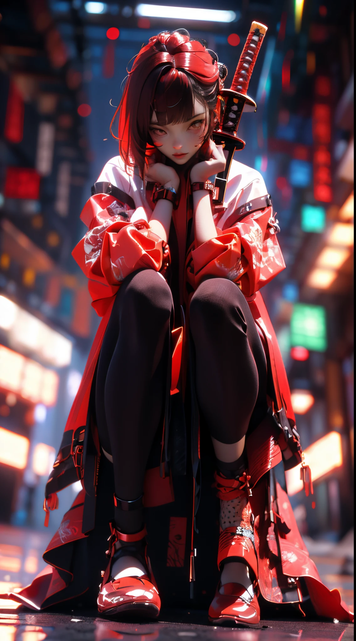 (tmasterpiece:1.2), Best quality at best,CG,3D, samurai girl,
1 Sister, red eyes, ear nipple ring, Alone, The color hair, jewely, looking at viewert, bblurry, Full body lesbian, through bangs, red hair clothes, jaket, squatt, vague background, collars, Short hair details, longer sleeves, rednails, shut up, red footwear, florals, Red top, Striped hair,katana swords