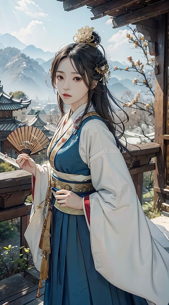 Black hair, Brown eyes, shairband, ribbons, Gold beaded butterfly hairpin，With the clouds，Red Belt, Blue Hanfu,, Horse face skirt，Tuan fan, Fan in hand, BREAK outdoors, a temple background, China-style，BREAK looking at viewer, BREAK BREAK BREAK (tmasterpiece:1.2), Best quality at best, A high resolution, Unity8k wallpapers, (illustratio:0.8), (美丽细致的眼睛:1.6), Extremely detailed face, perfect litthing, extremely higly detailed, (Perfect hands, perfect anatomia),