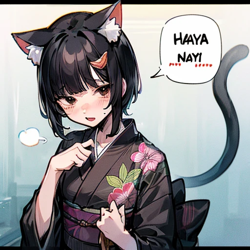 kimono, Nekomimi, tail, short black hair, heroic and sassy, Speech bubble with &quot;Nyaa&quot; written on it