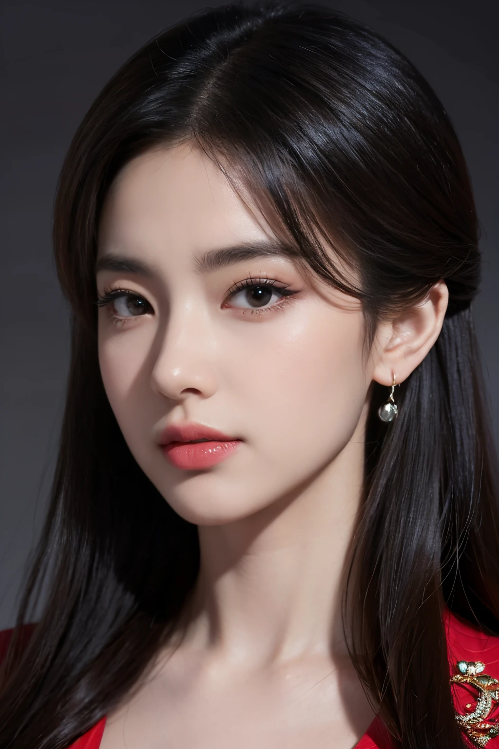 tmasterpiece,Best quality at best,A high resolution,8K,(Portrait),((Head close-up)),Original photo,real photograph,digital photography,(The queen of the modern world),(Female president),20岁女孩,random hair style,red eyelash hair),Big breasts,Chest groove, accessories,Redlip,Keep your mouth shuegant and charming,Serious and arrogant,Calm and handsome,(Women's professional wear,Black),Photo pose,Realisticstyle,greybackground,oc render reflection texture