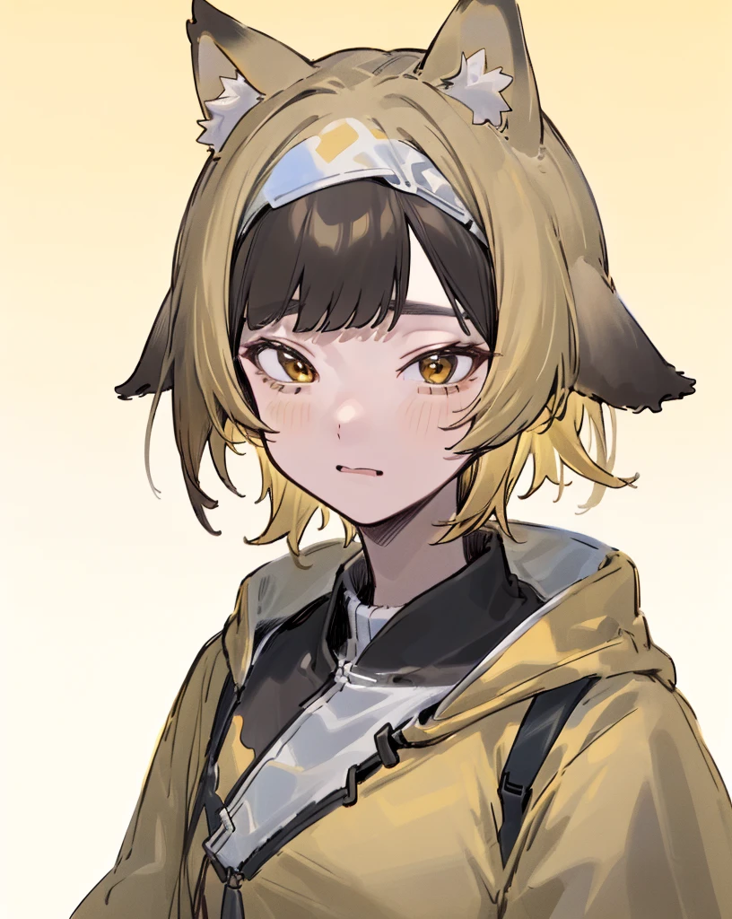 (Masterpiece:1.0), (Highest Quality:1.12), (HDR:1.0), 1girl, 独奏, flat colors, Colorful, animal ear fluff, 独奏, Plants, (yellow gradient background, smooth lighting, (headband:0.8), Portrait, (upper-body:0.85)